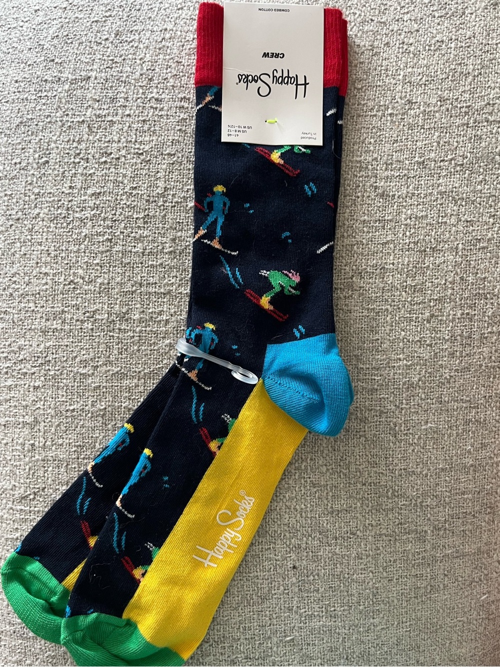 Happy Socks Navy Ski Pattern Crew Socks with Red, Green, Blue & Yellow Accents